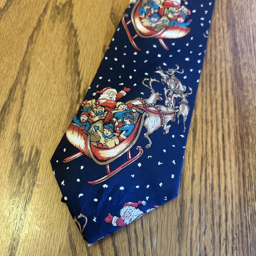 Vintage Stafford 100% Italian Silk Tie Santa Clause Reindeer Christmas‎ Navy